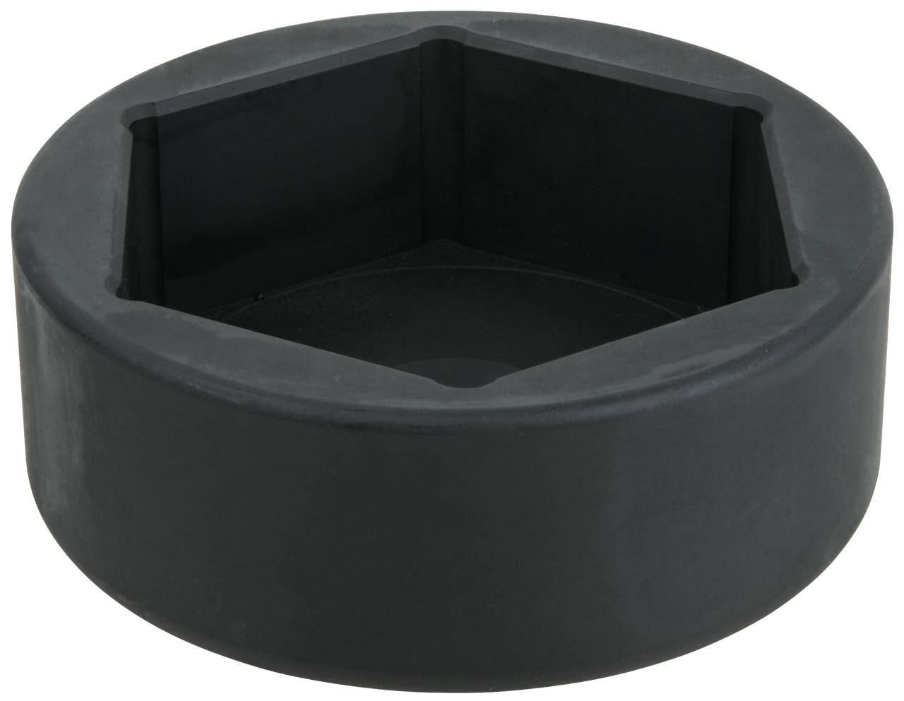 Ein großer, sechseckiger schwarzer Metallschlüsselaufsatz, der in Werkzeugen zum Lösen von Schrauben oder Muttern verwendet wird.