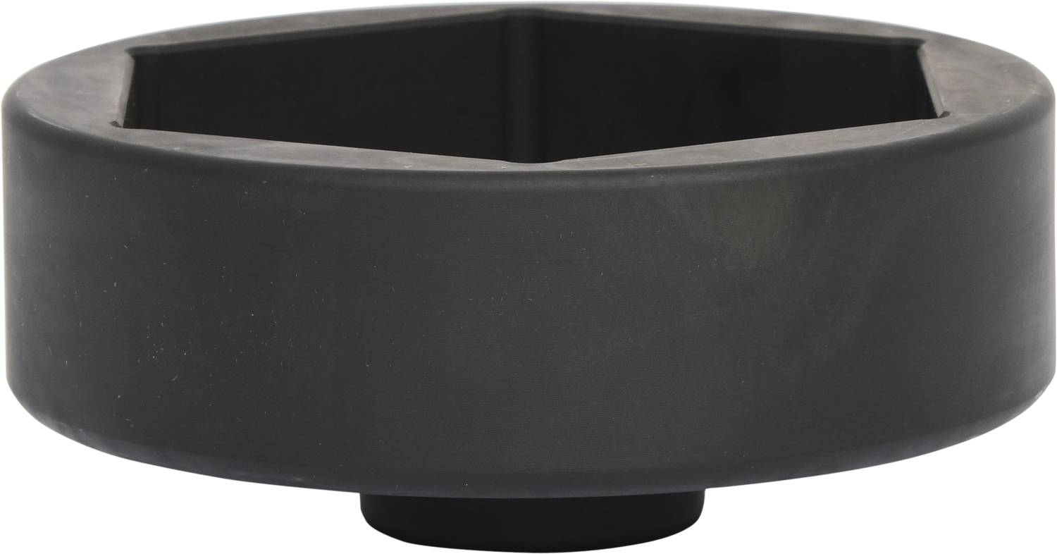 Ein schwarzer, sechseckiger Steckschlüsseleinsatz aus Metall, verwendet für große Muttern oder Bolzen in mechanischen Anwendungen.