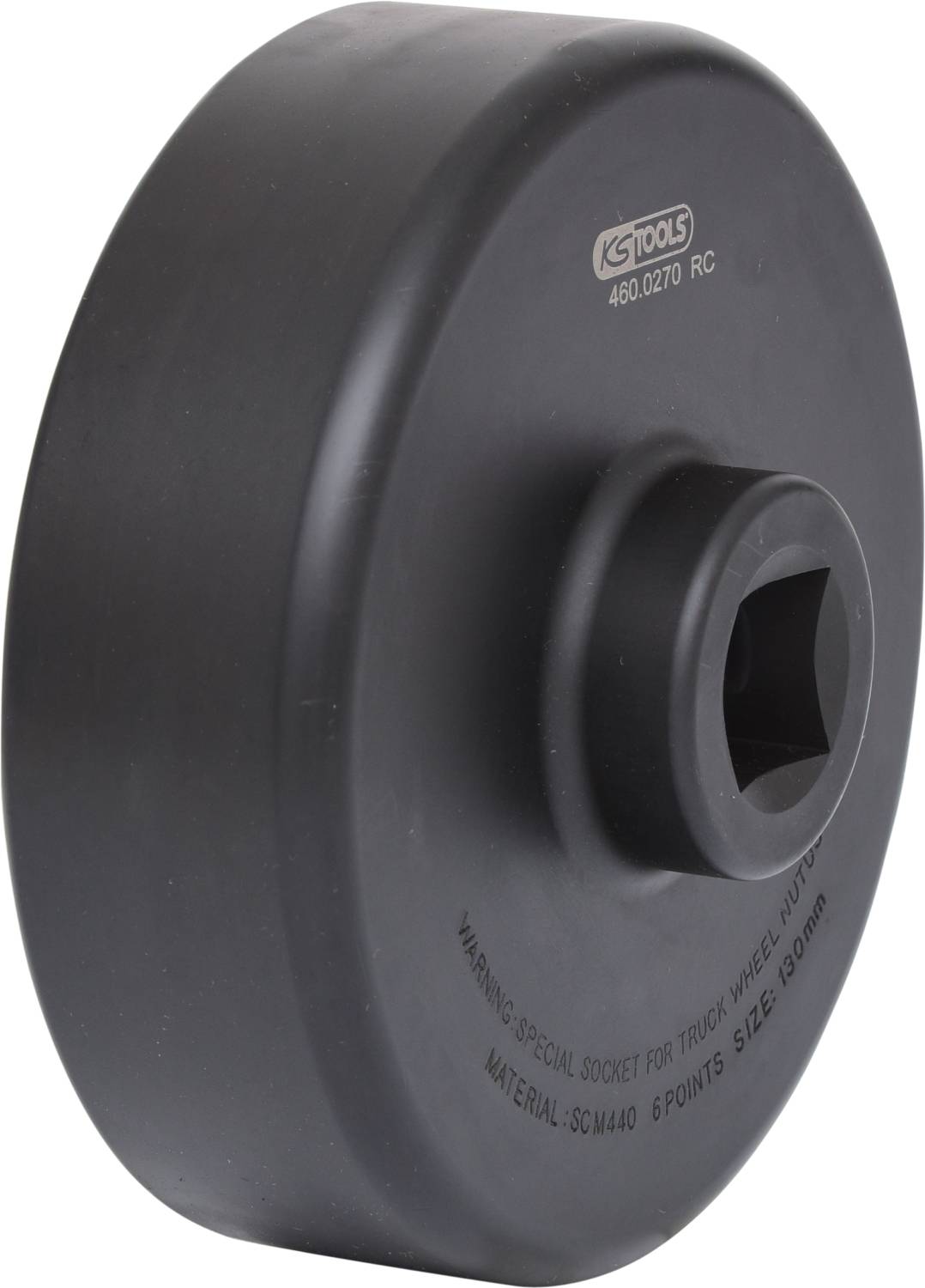 Ein großer, schwarzer Steckschlüssel für LKW-Radmuttern mit der Aufschrift 'WARNING SPECIAL SOCKET FOR TRUCK WHEEL NUT ONLY'.
