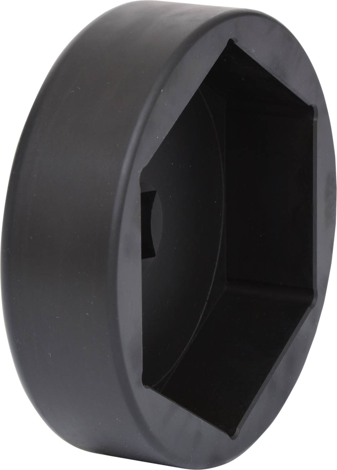 Kunststoff-Steckschlüsselaufsatz in Sechskantform, schwarz, für mechanische Anwendungen.