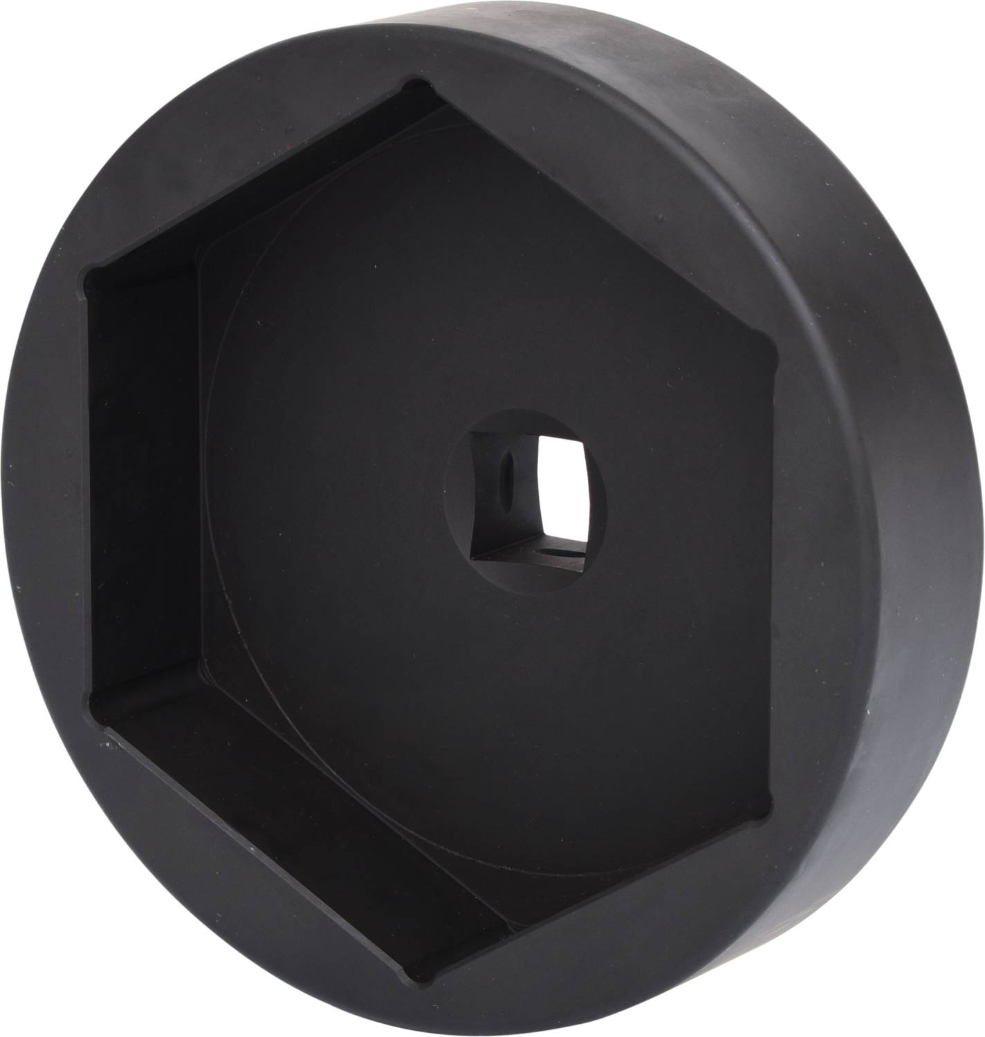 Schwarzes, sechseckiges Kunststoffgehäuse mit quadratischer Öffnung in der Mitte.