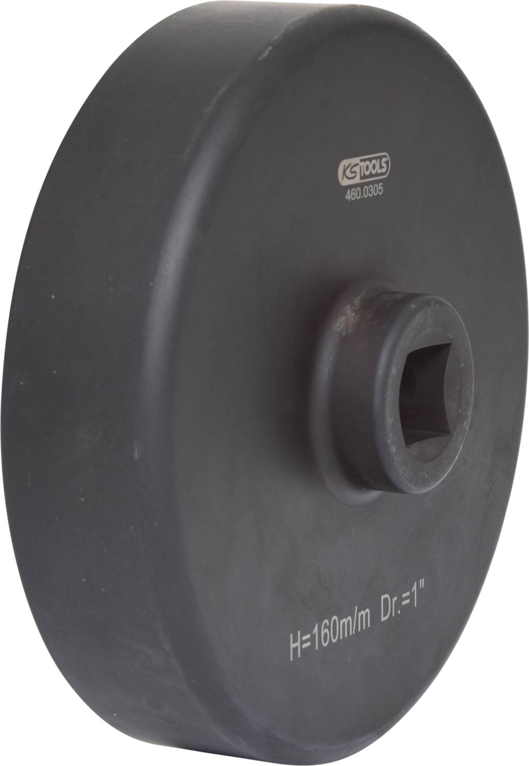 Schwarzes Rad oder Scheibe mit quadratischer Öffnung in der Mitte, Beschriftung mit 'H=160mm Dr.=1