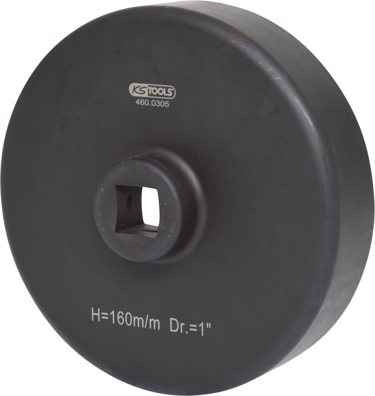 Schwarzer runder Adapter von KS Tools, Durchmesser 160 mm, quadratische Öffnung. Text auf der Oberfläche: 'H=160mm Dr.=1'.