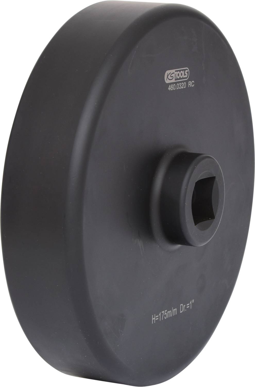 Schwarzes, rundes Werkzeug mit zentralem Loch für Drehmomentschlüssel. Beschriftung: H=175mm Dx1'. Markenlogo: KS Tools.