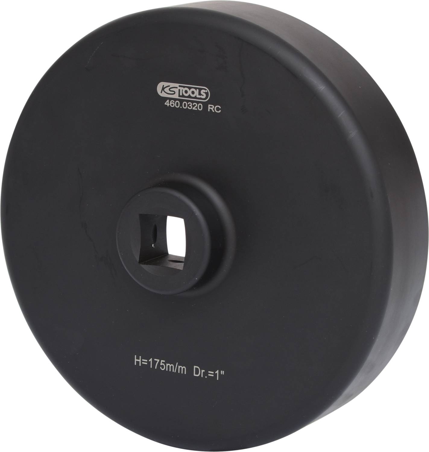 Schwarzer, runder Werkzeugaufsatz mit quadratischer Aufnahmeöffnung, Aufschrift 'KS Tools 460.0320 RC', H=175 mm, Dr.=1''.