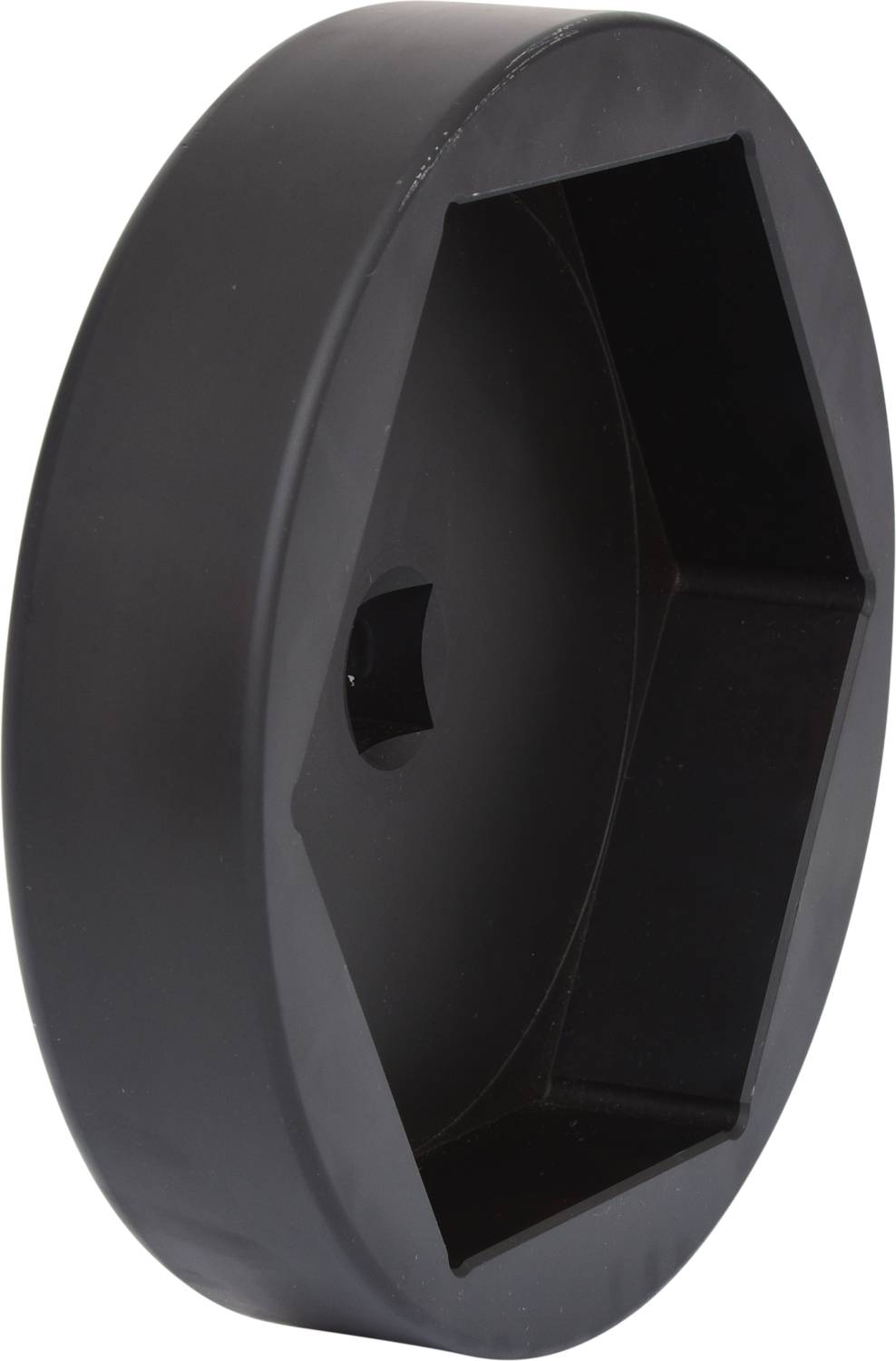 Schwarzes, sechseckiges Kunststoffteil, möglicherweise ein Werkzeugaufsatz oder Adapter.