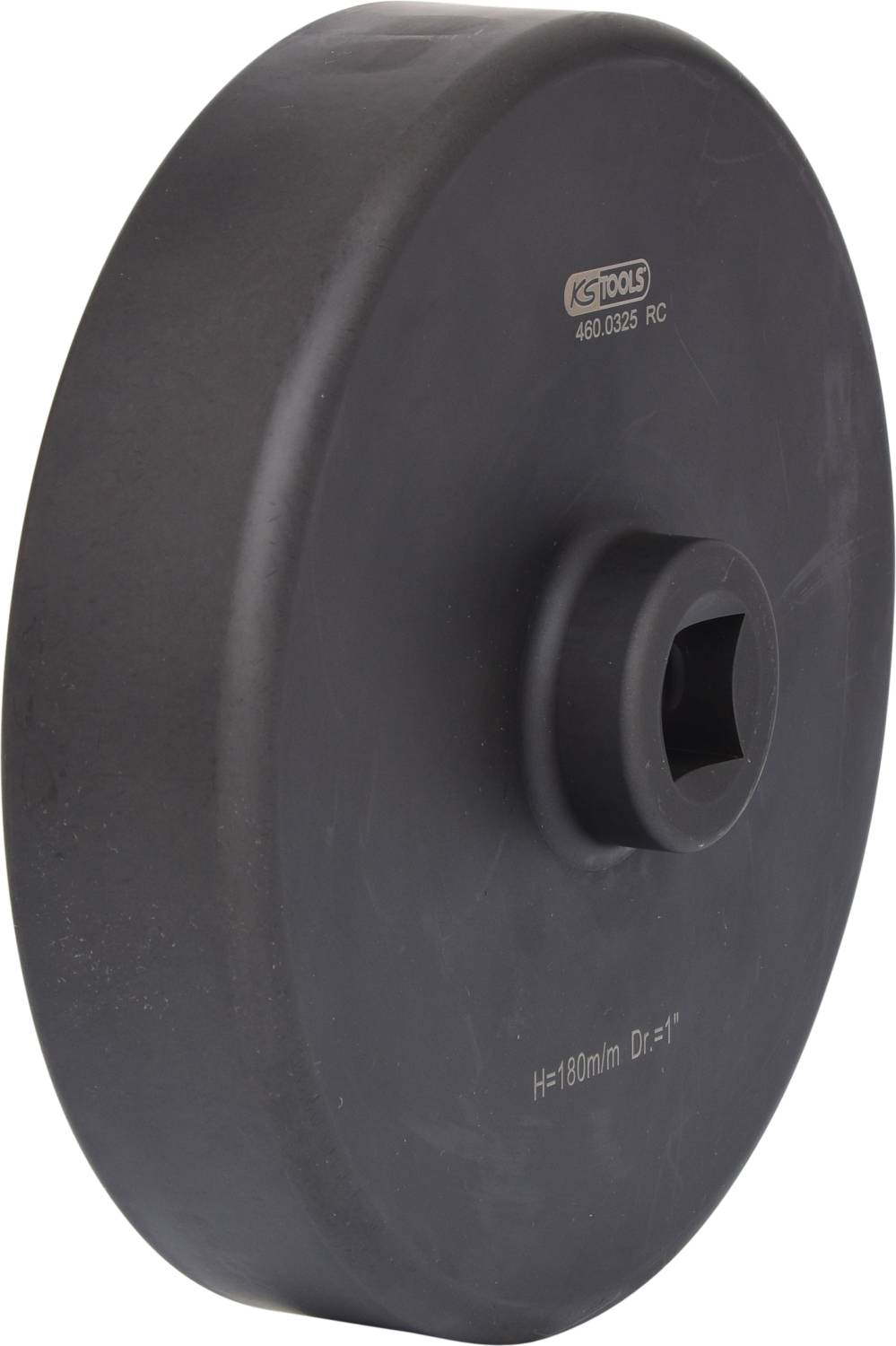 Schwarzer zylindrischer Spezialschlüssel, vermutlich für mechanische Arbeiten oder Wartung an Fahrzeugen, mit quadratischer Öffnung.