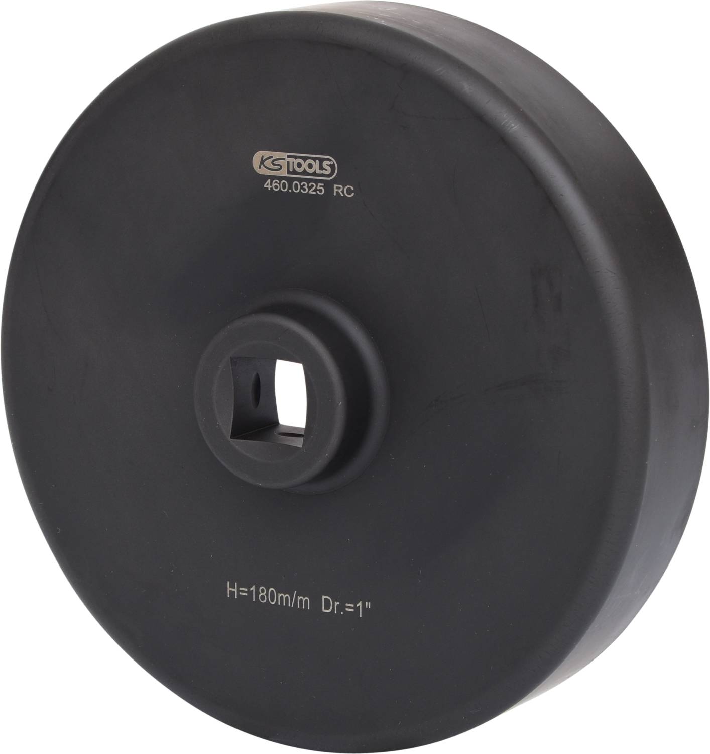 Schwarzes Werkzeug mit quadratischer Öffnung in der Mitte, Aufschrift 'KS TOOLS 460.0325 RC' und 'H=180m/m Dr.=1''.