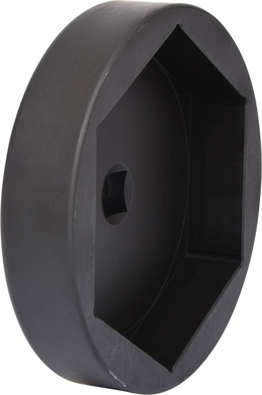 Schwarze Sechskant-Metallbuchse mit runder Außenform, seitlich betrachtet, möglicherweise ein Werkzeugkopfaufsatz.