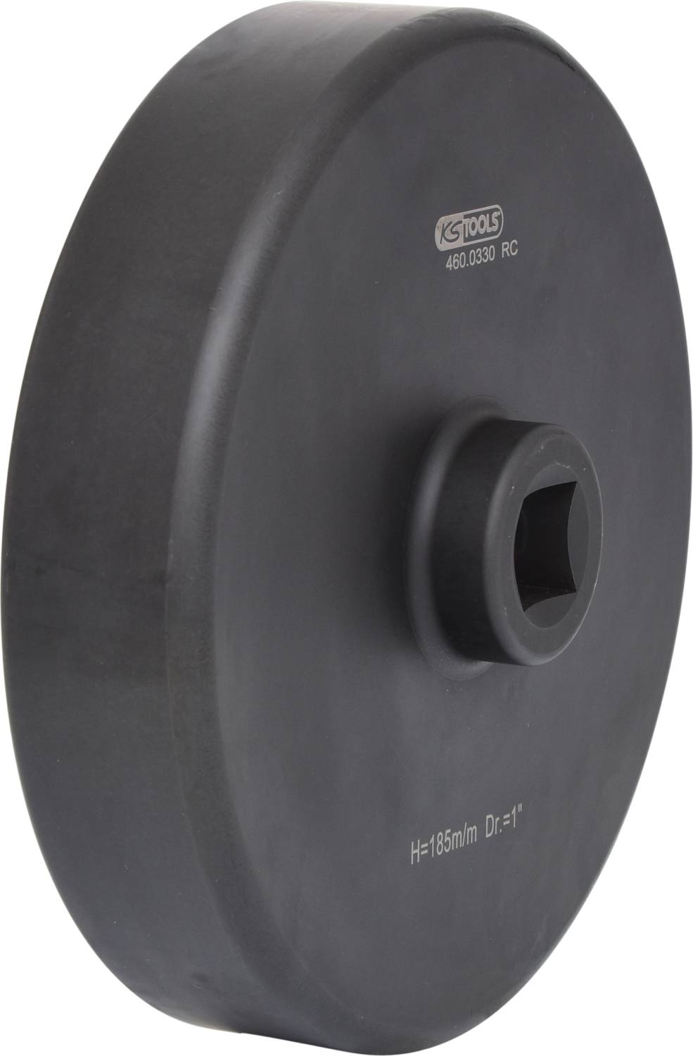 Runder schwarzer Metallblock mit zentraler quadratischer Öffnung und gravierter Beschriftung: 'H=185mm Dr=1