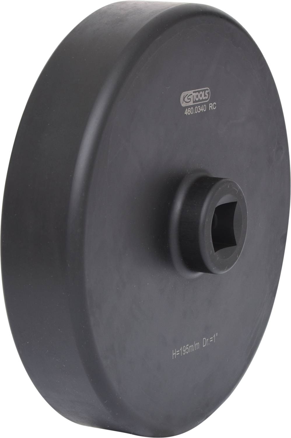 Großer, runder schwarzer Ölfilter-Schlüssel mit quadratischem Loch in der Mitte, Beschriftung zeigt 'KS TOOLS 460.0346 RC'.