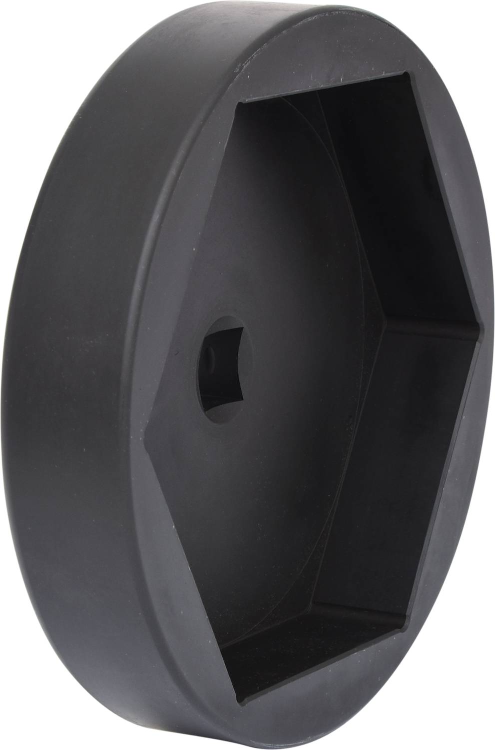 Schwarzer Kunststoff-Sechskant-Schlüssel mit tiefem Innenraum, geeignet zum Lösen oder Festziehen von Muttern oder Bolzen.