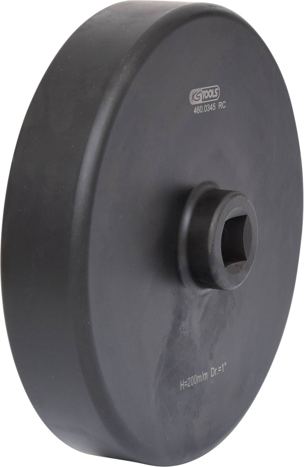 Rundes, schwarzes Werkzeug mit quadratischer Öffnung in der Mitte. Markierungen auf der Oberfläche: 'HS Tools', '480.0945 RC', 'H=200mm', 'D=31'.