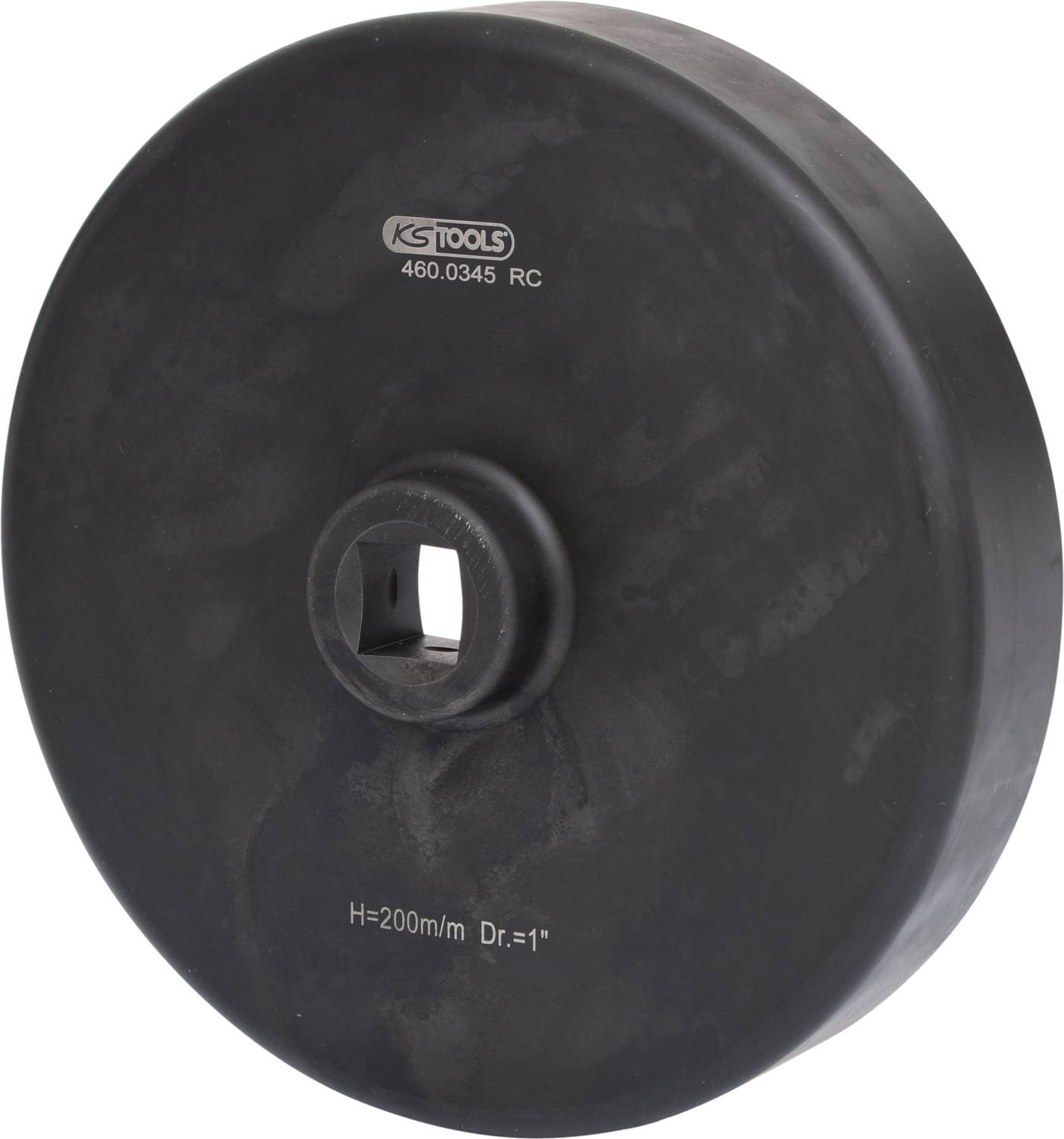 Schwarzer metallischer Adapteraufsatz mit quadratischer Öffnung in der Mitte, Aufdruck 'KS TOOLS 460.0345 RC' und Maße 'H=200mm Dr.=1''.