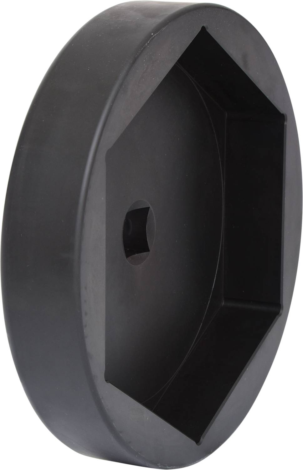 Ein schwarzes, sechseckiges Kunststoffteil mit einem runden äußeren Rand, möglicherweise ein Deckel oder Einsatz für eine spezielle Anwendung.
