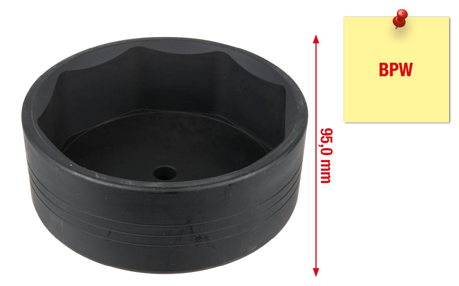 Ein schwarzes Werkzeug mit sechseckiger Öffnung, Durchmesser 95 mm. Rechts ein gelber Zettel mit rotem Pin, beschriftet mit 'BPW'.