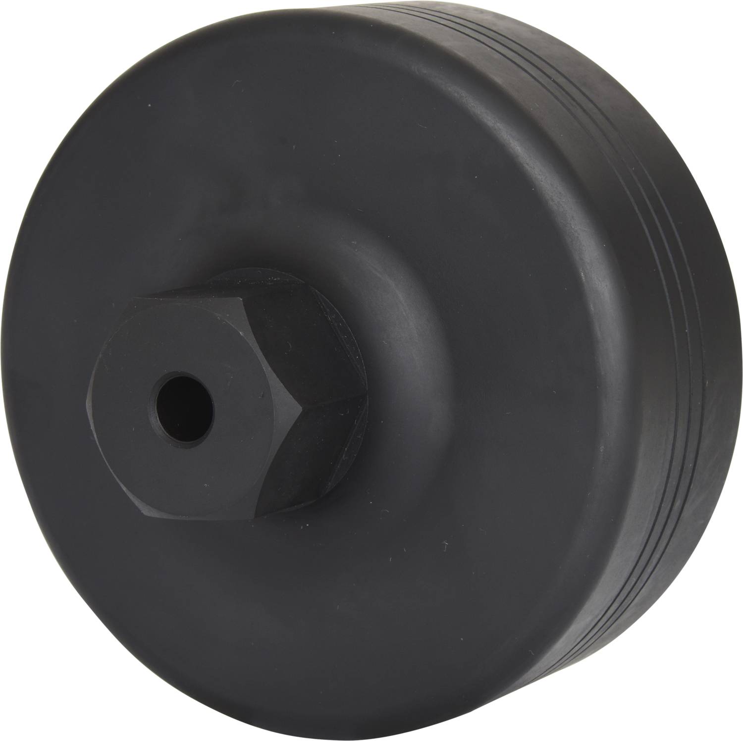 Schwarzes, rundes Metallteil mit einer zentralen Sechskantöffnung, vermutlich ein spezielles Werkzeugaufsatz oder Adapter.
