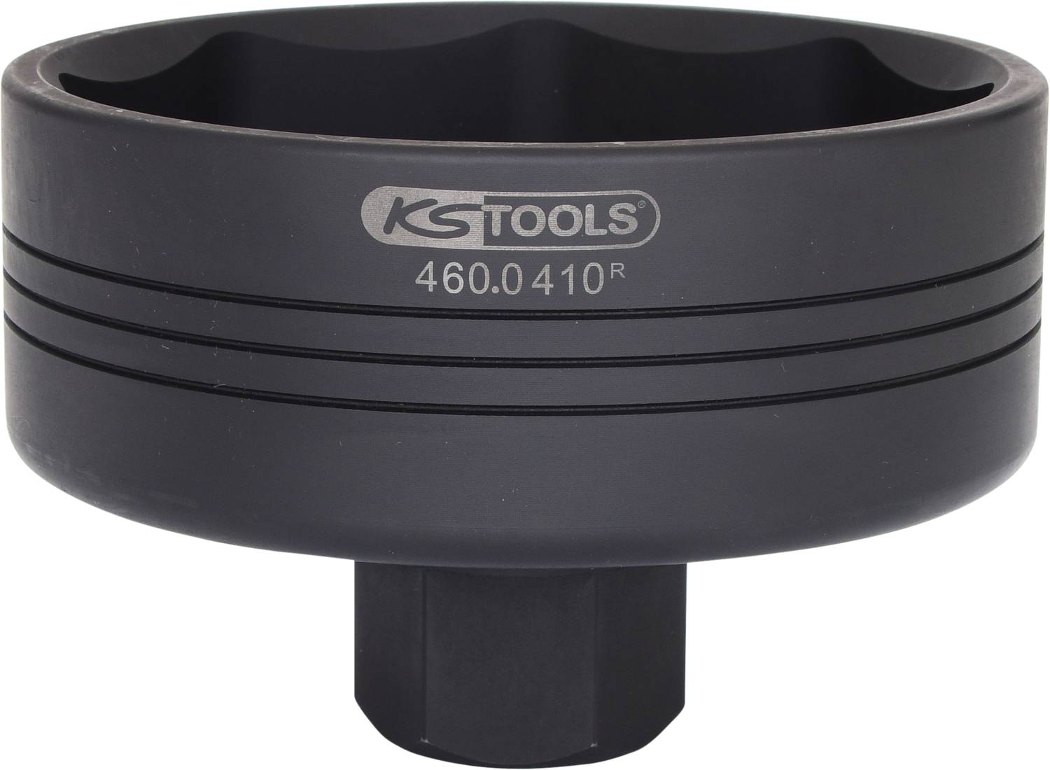 Schwarzer Ölfilterschlüssel von KS Tools, Modellnummer 460.0410R, mit runder Form für die einfache Demontage von Ölfiltern.