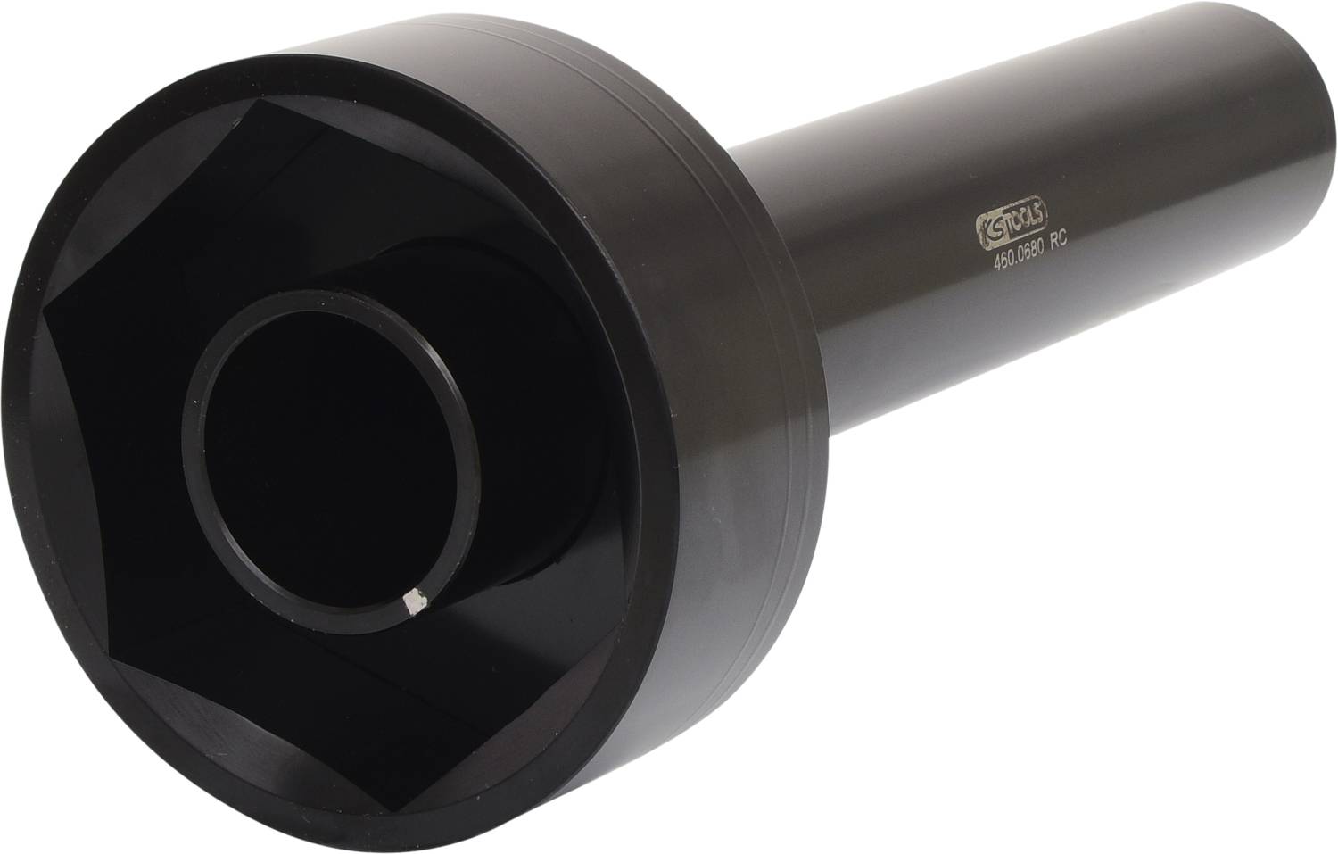 Große schwarze Sechskant-Stecknuss mit zylindrischem Körper, verwendet für schwere mechanische oder industrielle Anwendungen.