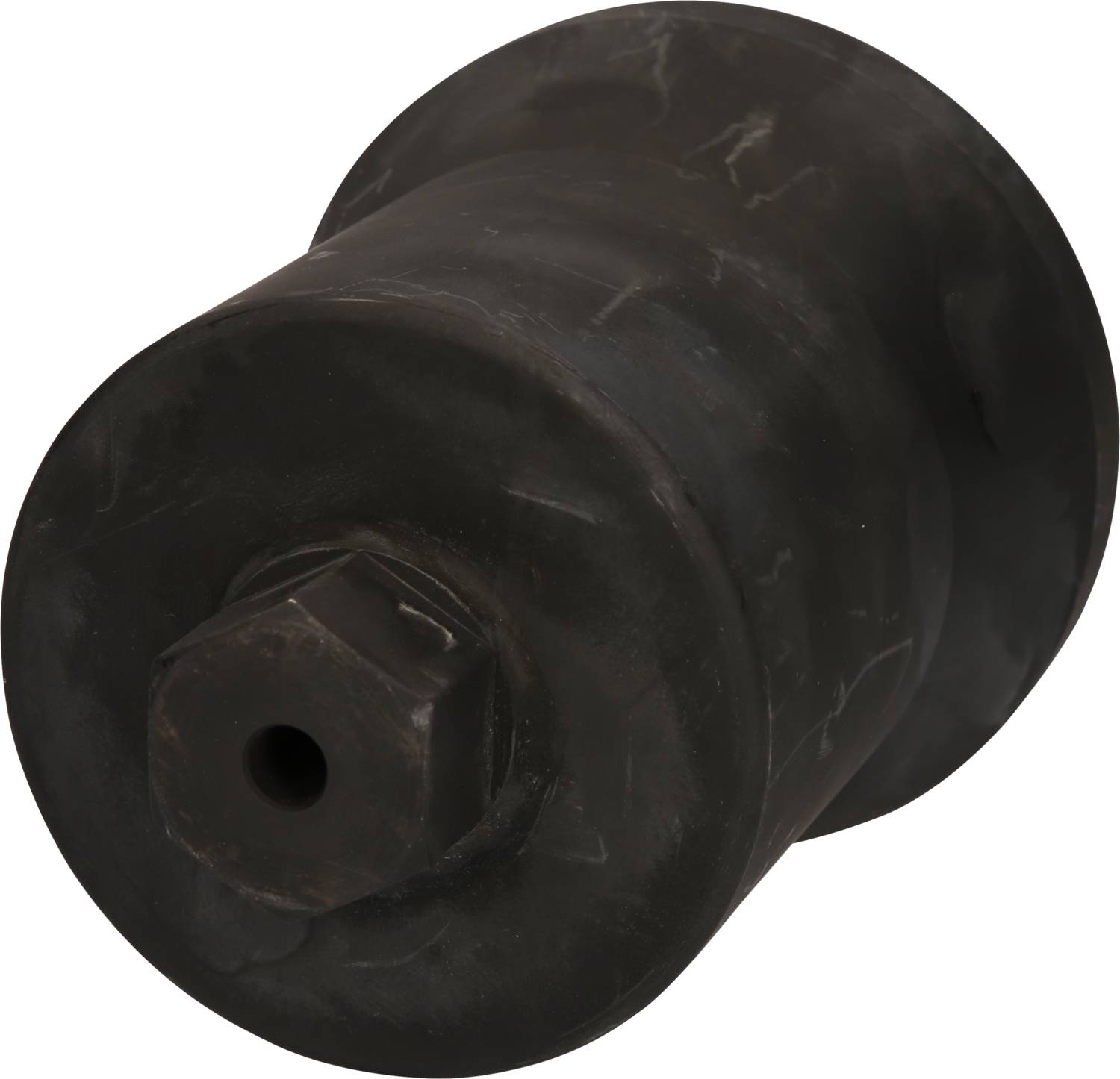 Ein schwarzer Gummi-Dämpfer in zylindrischer Form mit einem sechseckigen Metalleinsatz und einem Loch in der Mitte. Verwendet zum Reduzieren von Vibrationen.