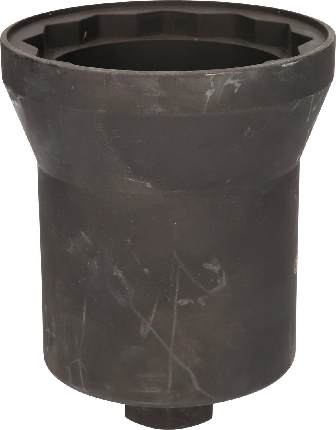 Schwarze Kunststoffhülse mit breitem Rand oben, die nach unten schmaler wird. Für industrielle oder technische Anwendungen geeignet.