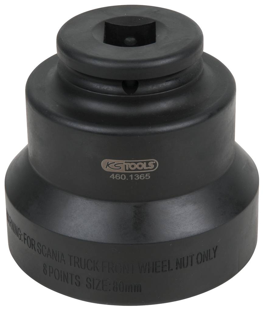 Eine schwarze Stecknuss mit der Aufschrift 'KS Tools 460.1365', speziell für vordere Radmuttern von Scania-LKWs, Größe 80 mm.