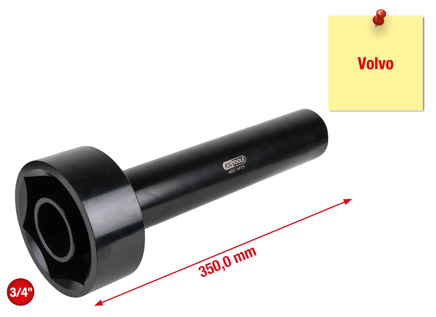 Ein schwarzer Steckschlüssel aus Metall, 350,0 mm lang, für Volvo-Fahrzeuge. Eine rote Markierung zeigt '3/4