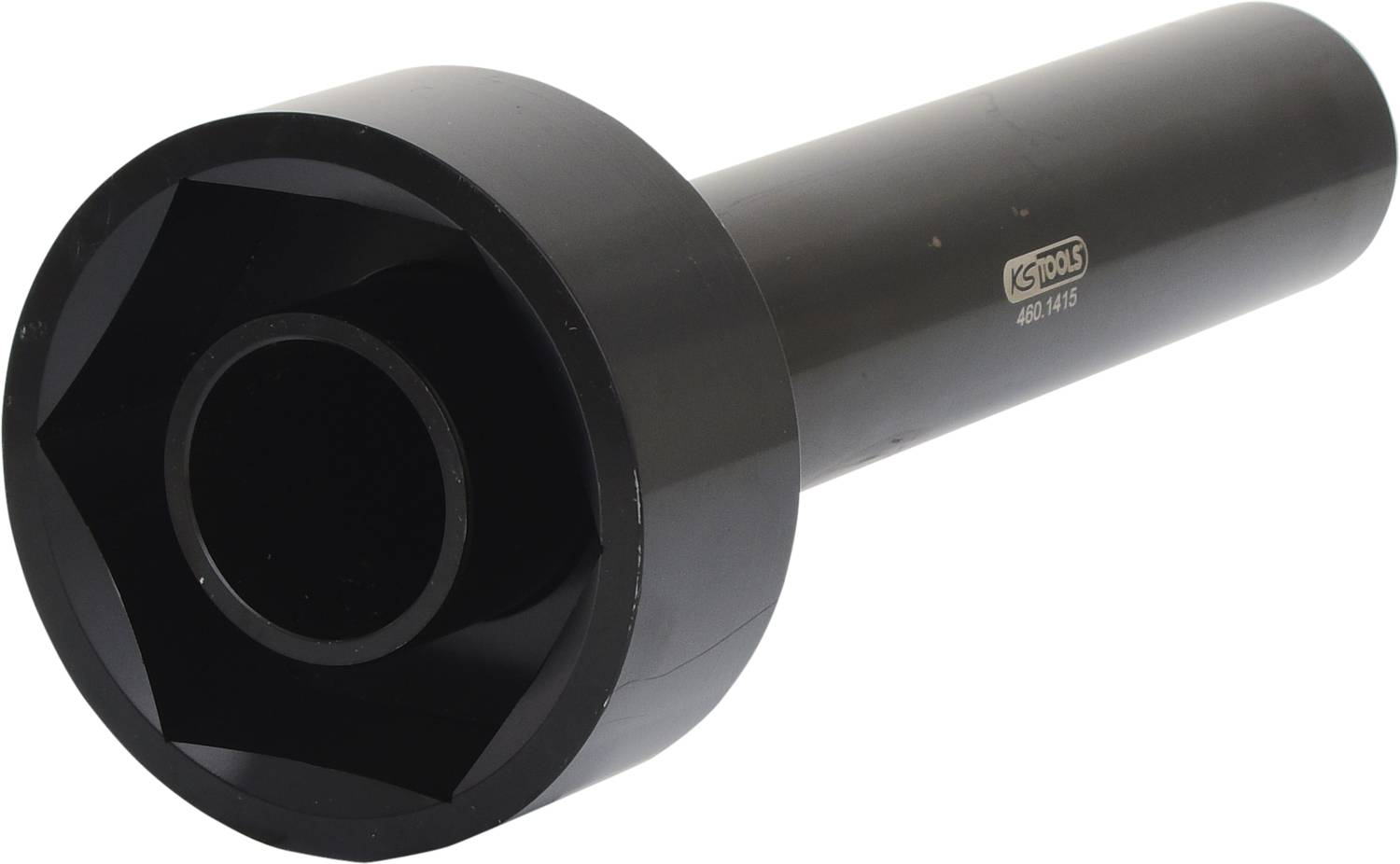 Schwarzer Sechskant-Steckschlüsselaufsatz aus Metall, der für große Schrauben und Muttern geeignet ist.