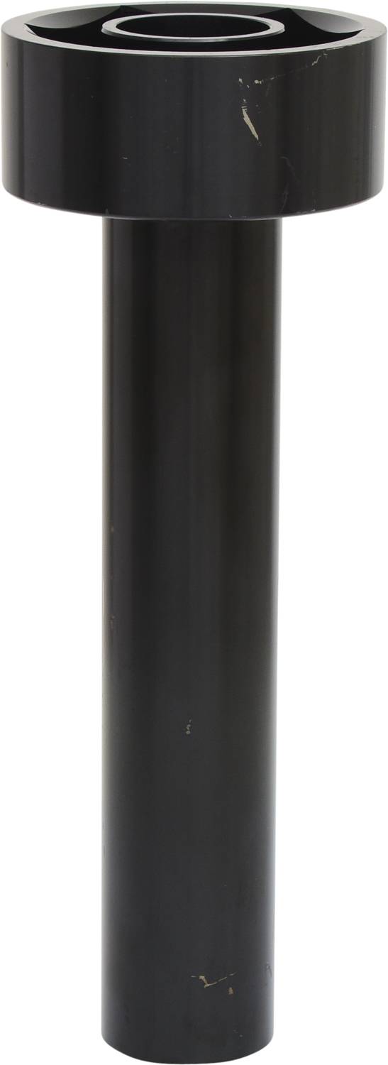 Ein schwarzer Metallbolzen mit rundem Kopf und langem Schaft steht aufrecht, vor einem neutralen Hintergrund.