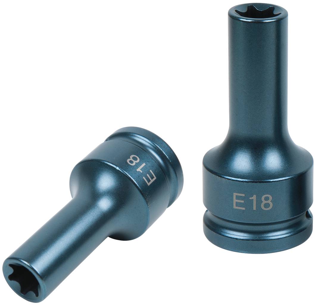 Zwei blaue Steckschlüsselaufsätze der Größe E18, nebeneinander liegend, auf weißem Hintergrund.