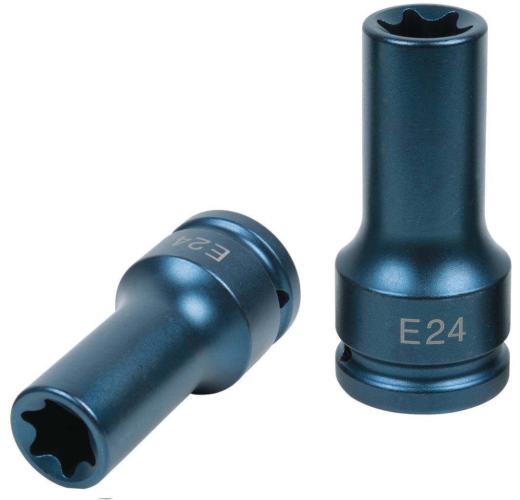 Zwei blaue E-Torx-Steckschlüssel mit Aufschrift 'E24' und 'E24' in unterschiedlichen Positionen.