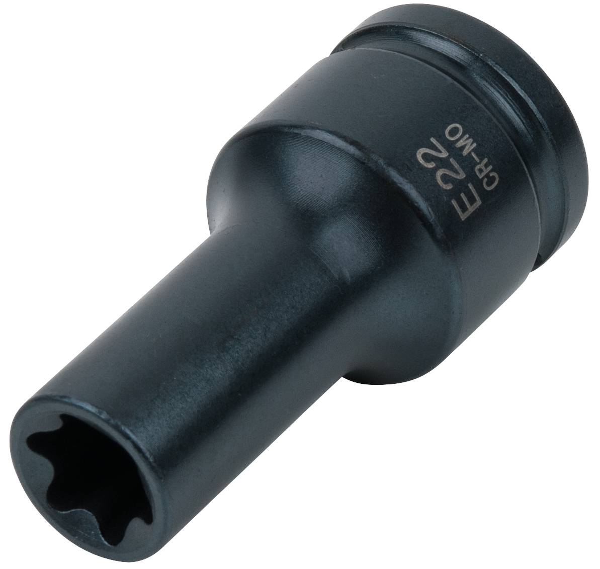 Die Abbildung zeigt eine schwarze Stecknuss mit der Markierung 'E22 CR-MO', geeignet für den Einsatz mit Schraubenschlüsseln.