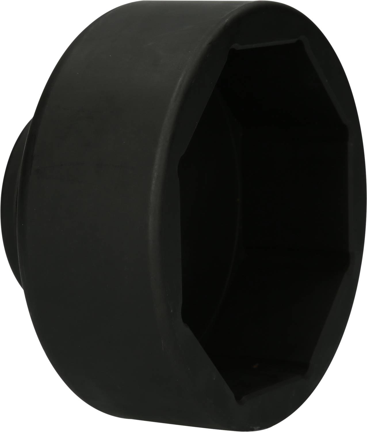 Ein schwarzes, achteckiges Werkzeug, vermutlich eine Schraubenschlüsselbuchse, aus Kunststoff für mechanische Arbeiten oder Reparaturen.
