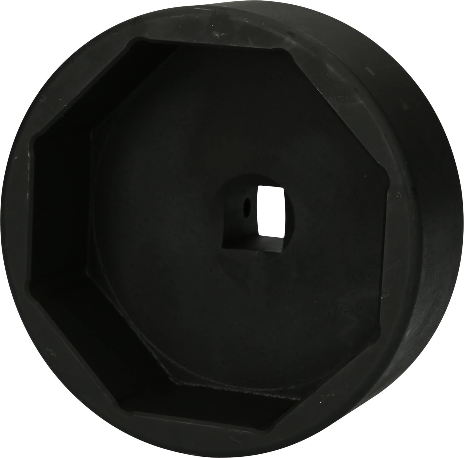 Schwarzes rundes Kunststoffgewinde mit quadratischer Öffnung in der Mitte, vor weißem Hintergrund.