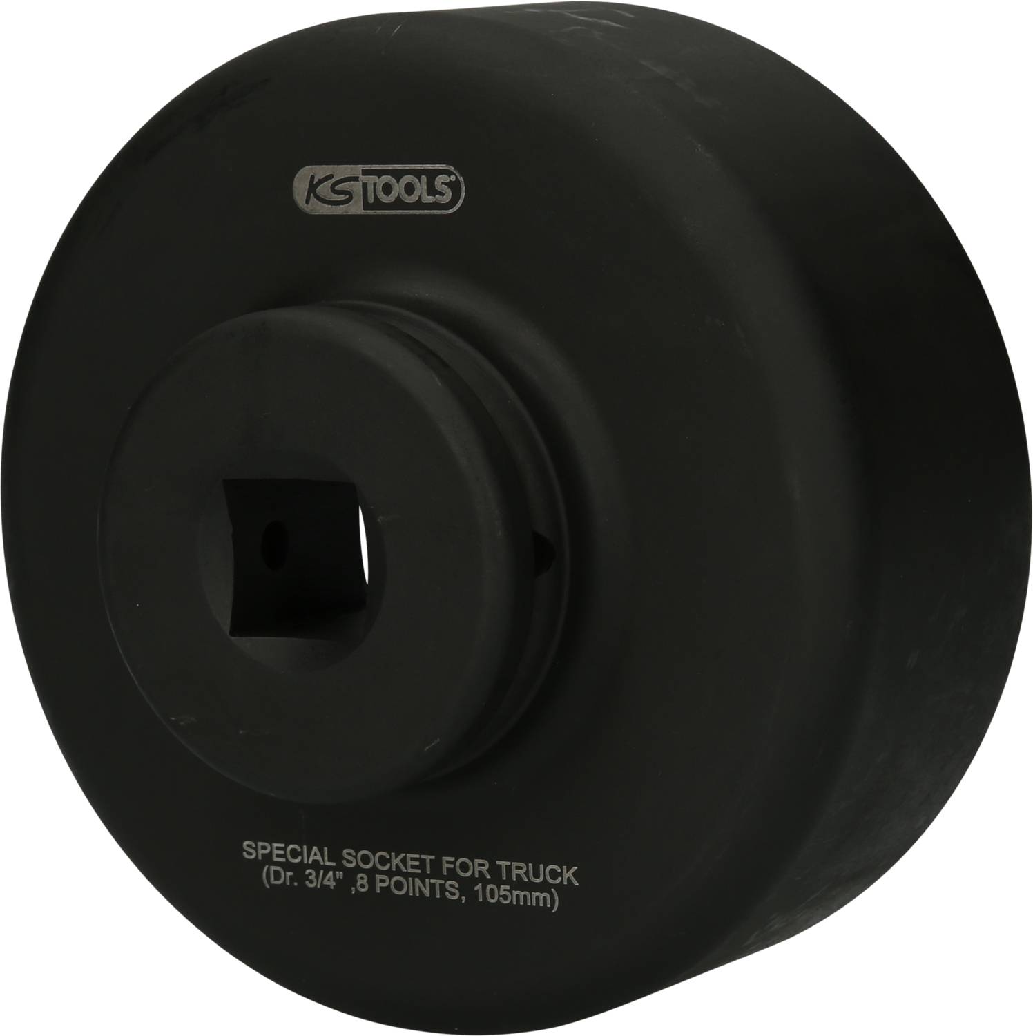 Runder schwarzer Steckschlüssel für LKW der Marke KS Tools, mit 3/4-Zoll Antrieb, 8-fach, 105 mm groß.