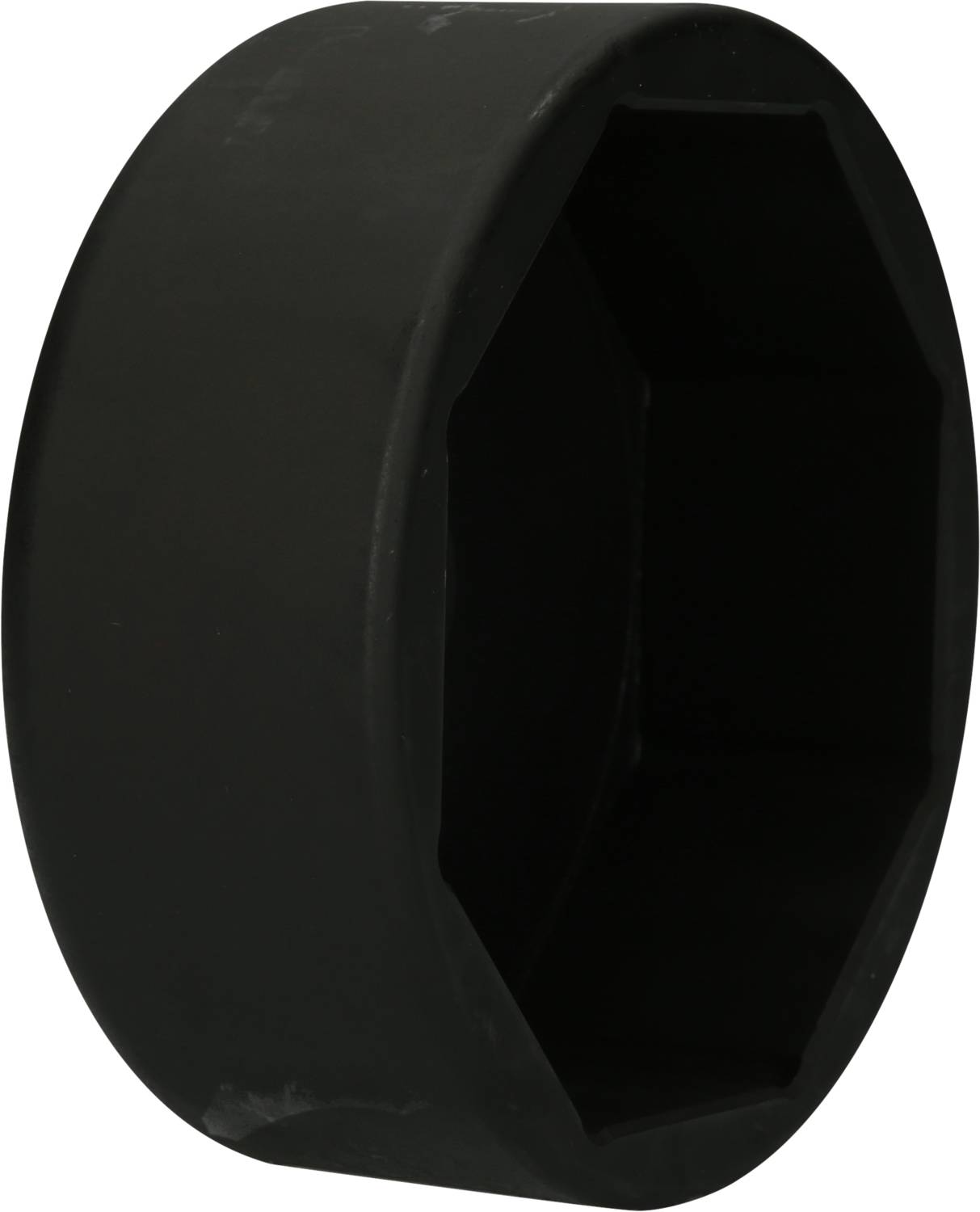 Schwarzer, sechseckiger Adapter, wahrscheinlich für Werkzeuge oder Maschinen, gegen neutralen Hintergrund.