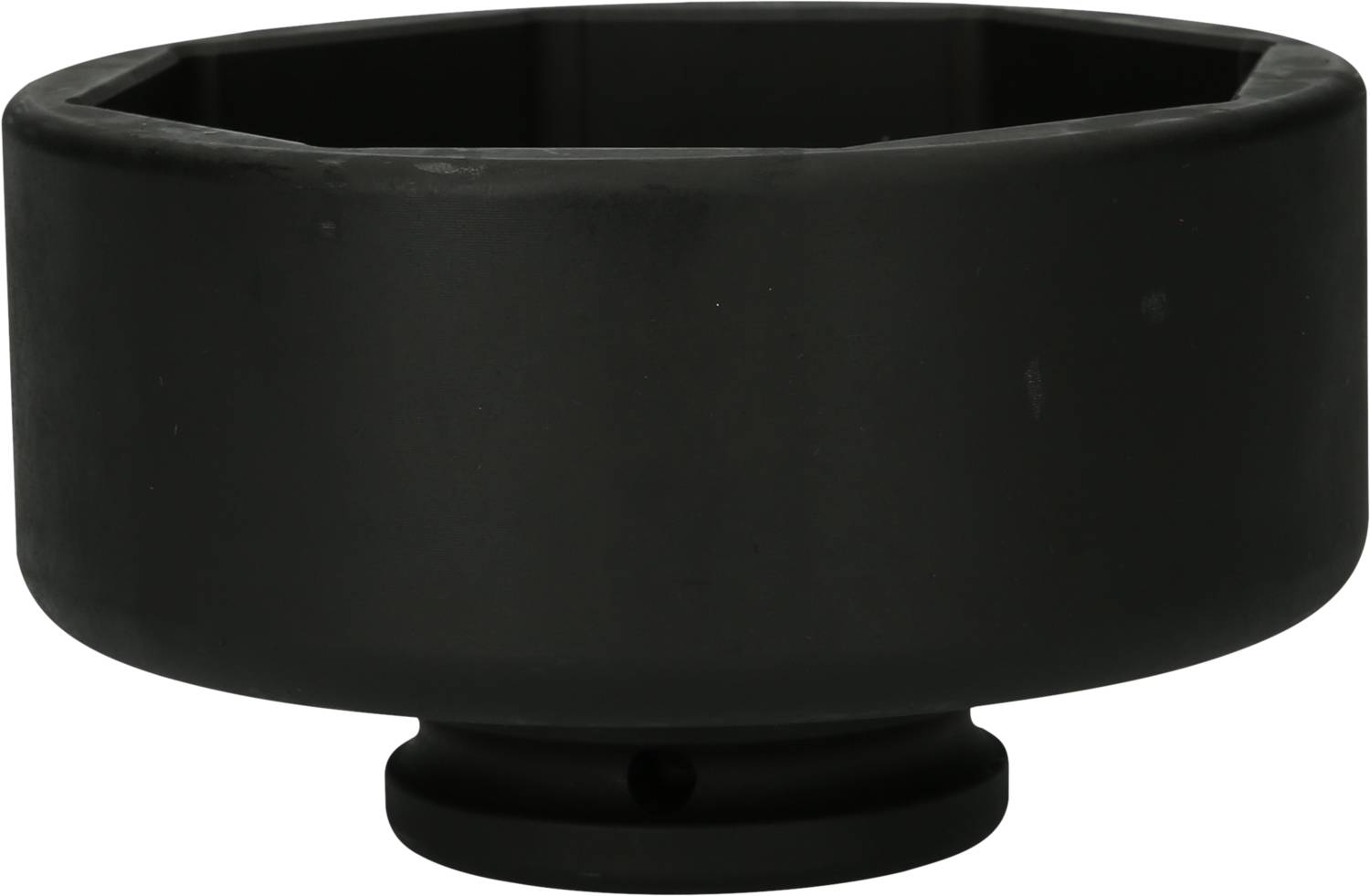 Schwarzer, runder Metallaufsatz mit sechseckiger Öffnung, möglicherweise ein spezielles Werkzeugteil oder Adapter.