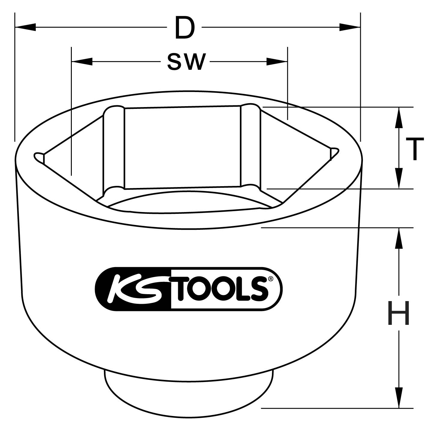 Diagramm eines KS Tools Steckschlüssels mit Abmessungen: Durchmesser (D), Schlüsselweite (SW), Wandstärke (T) und Höhe (H).