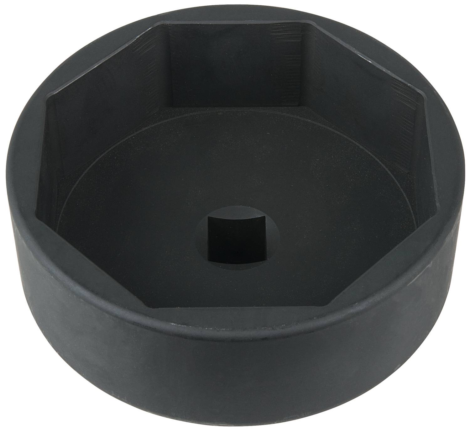 Rundwerkzeug aus Metall mit sechseckiger Innenform, ähnlich einem großen, tiefen Steckschlüssel.