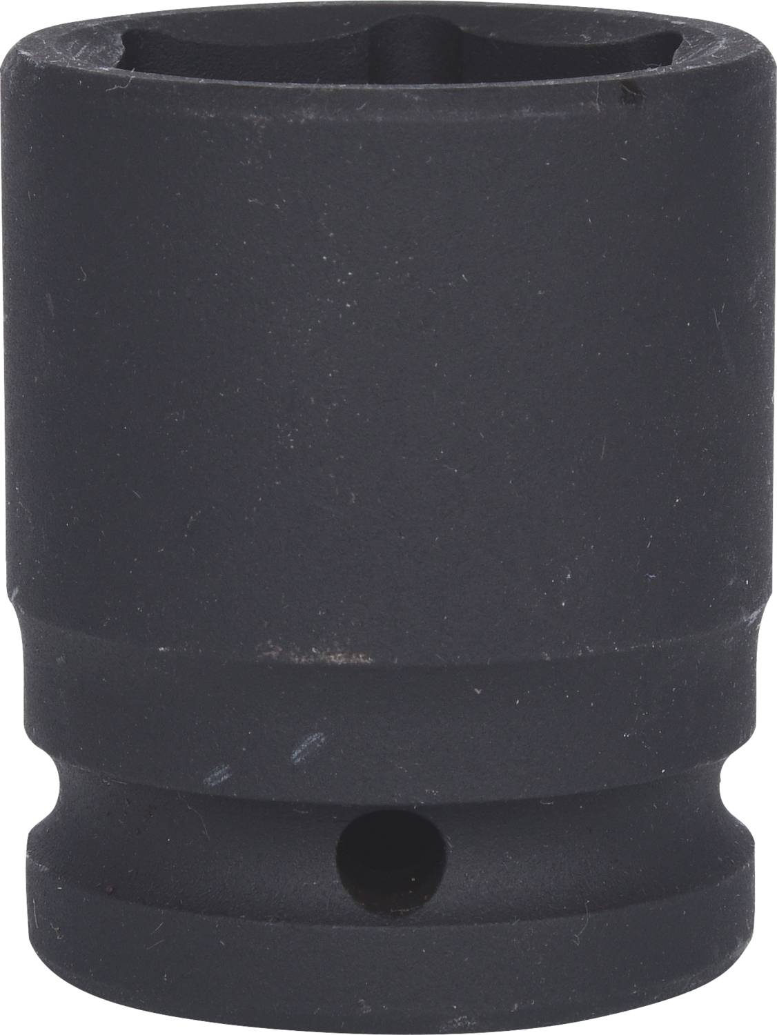 Schwarze Sechskant-Stecknuss mit runder Öffnung oben, glatt strukturiert.