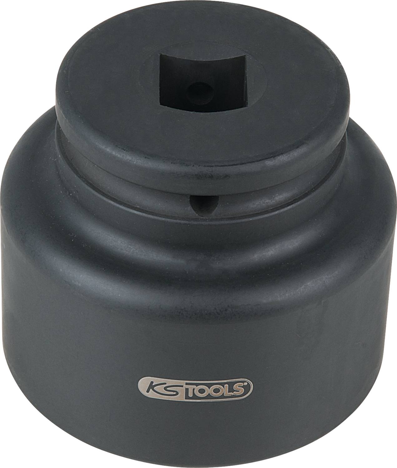 Ein schwarzer, zylindrischer Adapter mit quadratischer Öffnung oben, und dem Logo 'KS TOOLS' auf der Vorderseite.