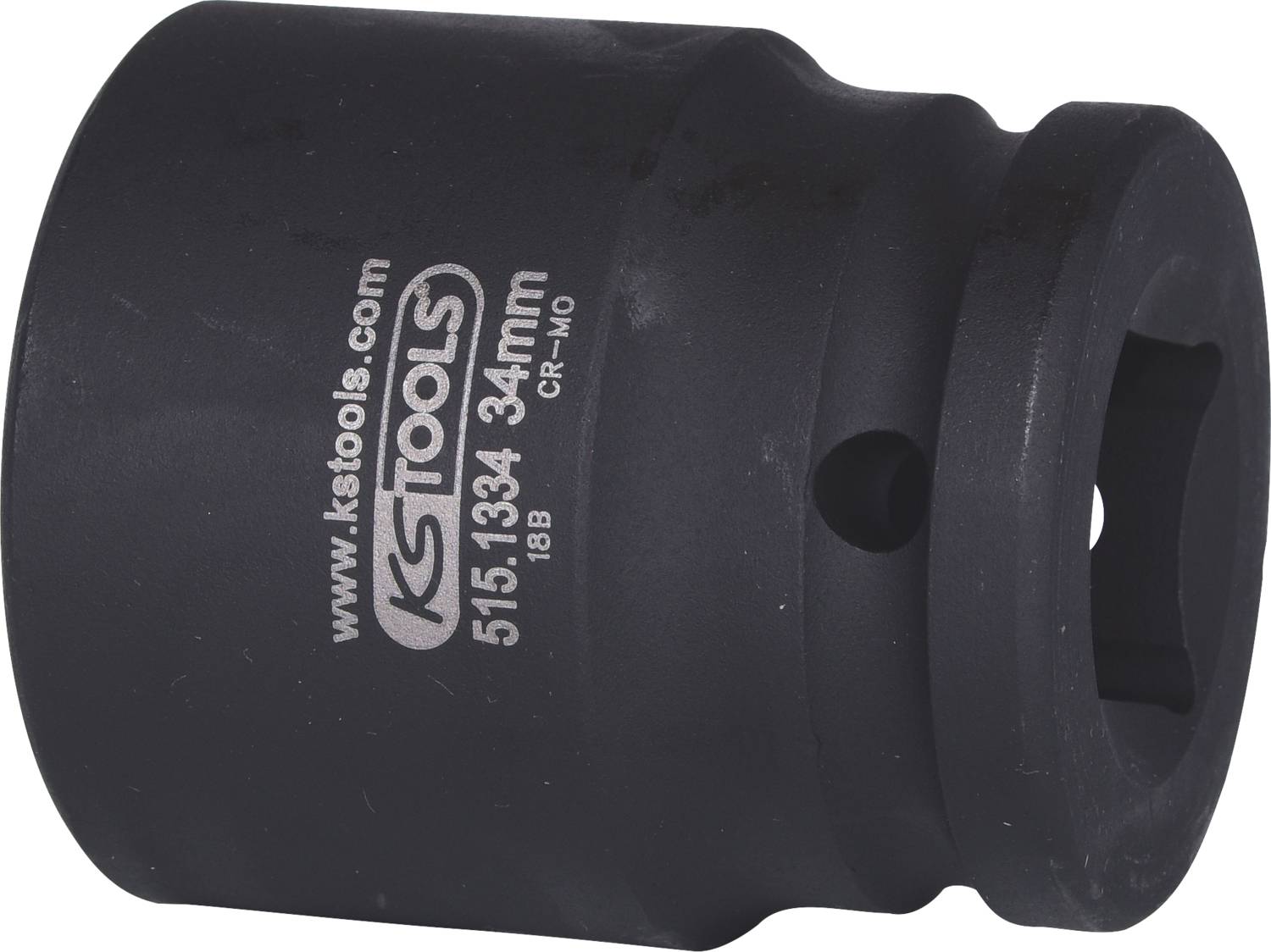 Schwarze Stecknuss mit der Aufschrift 'KSTools 515.1334 34mm CR-MO'. Verwendbar für mechanische Anwendungen.