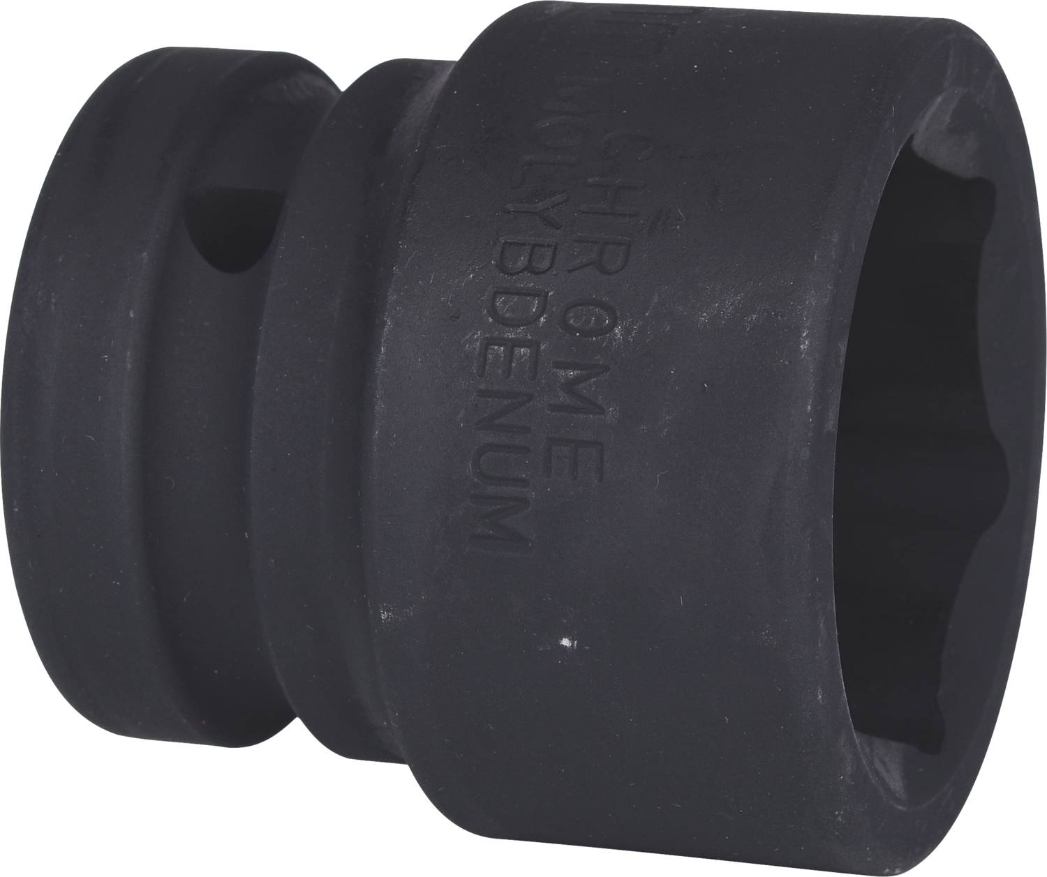 Schwarze Metallschraubennuss mit eingeprägtem Text 'Chrome Molybdenum', zeigt robuste Bauweise für Schraubarbeiten.