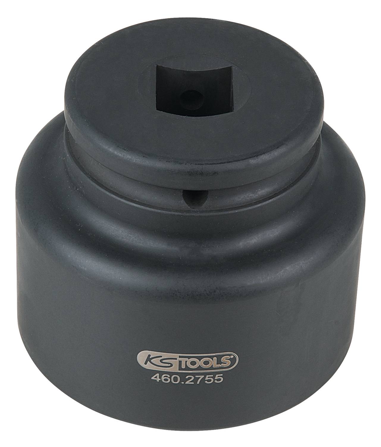 Schwarzer KS Tools Steckschlüsselaufsatz, zylindrische Form, mit quadratischer Öffnung oben.