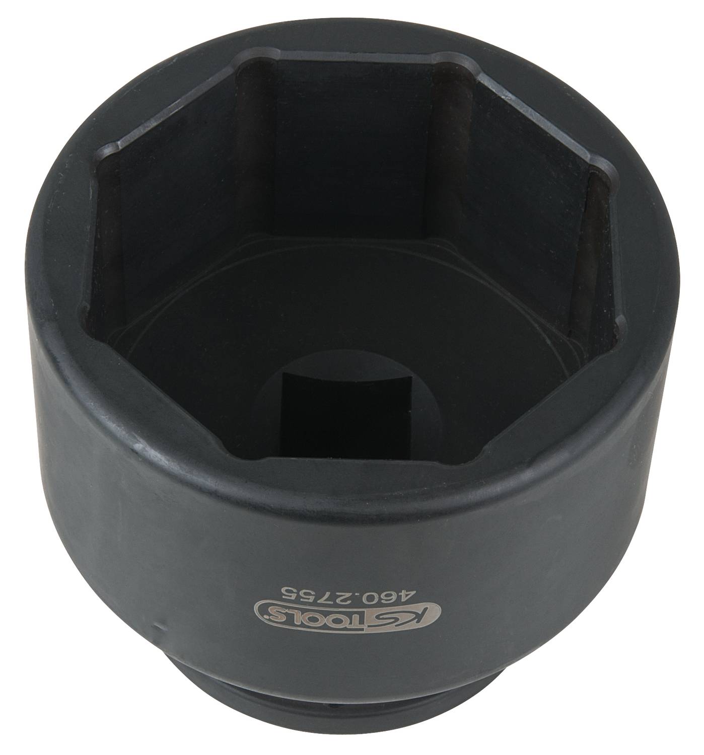 Schwarze Sechskant-Stecknuss aus Metall, oben offen, mit eingeprägtem Herstellerlogo und Modellnummer. Leer für Werkzeugeinsatz.