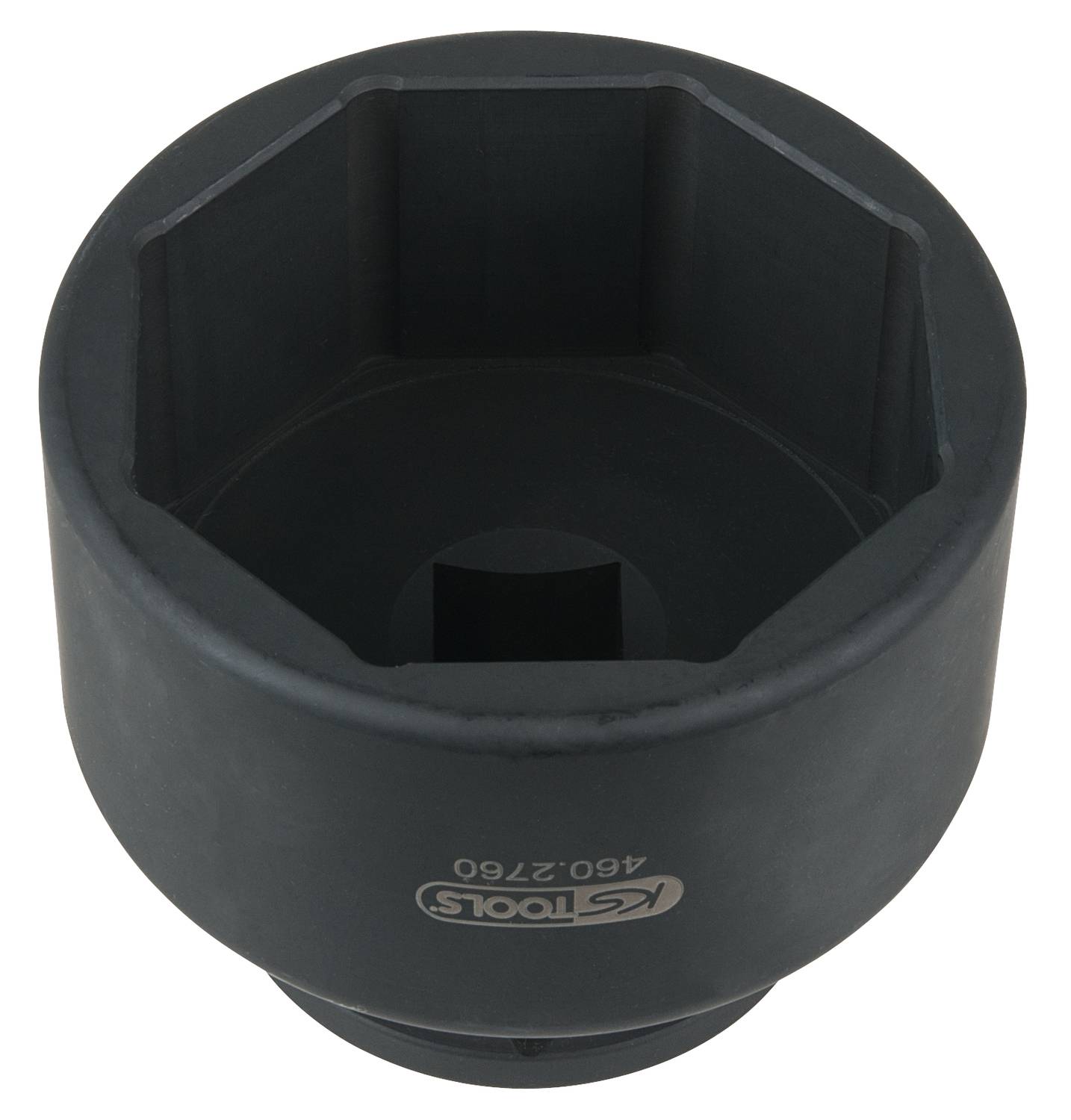 Schwarze Sechskant-Stecknuss. Geeignet zum Lösen oder Festziehen von großen Schrauben oder Muttern in mechanischen Anwendungen.