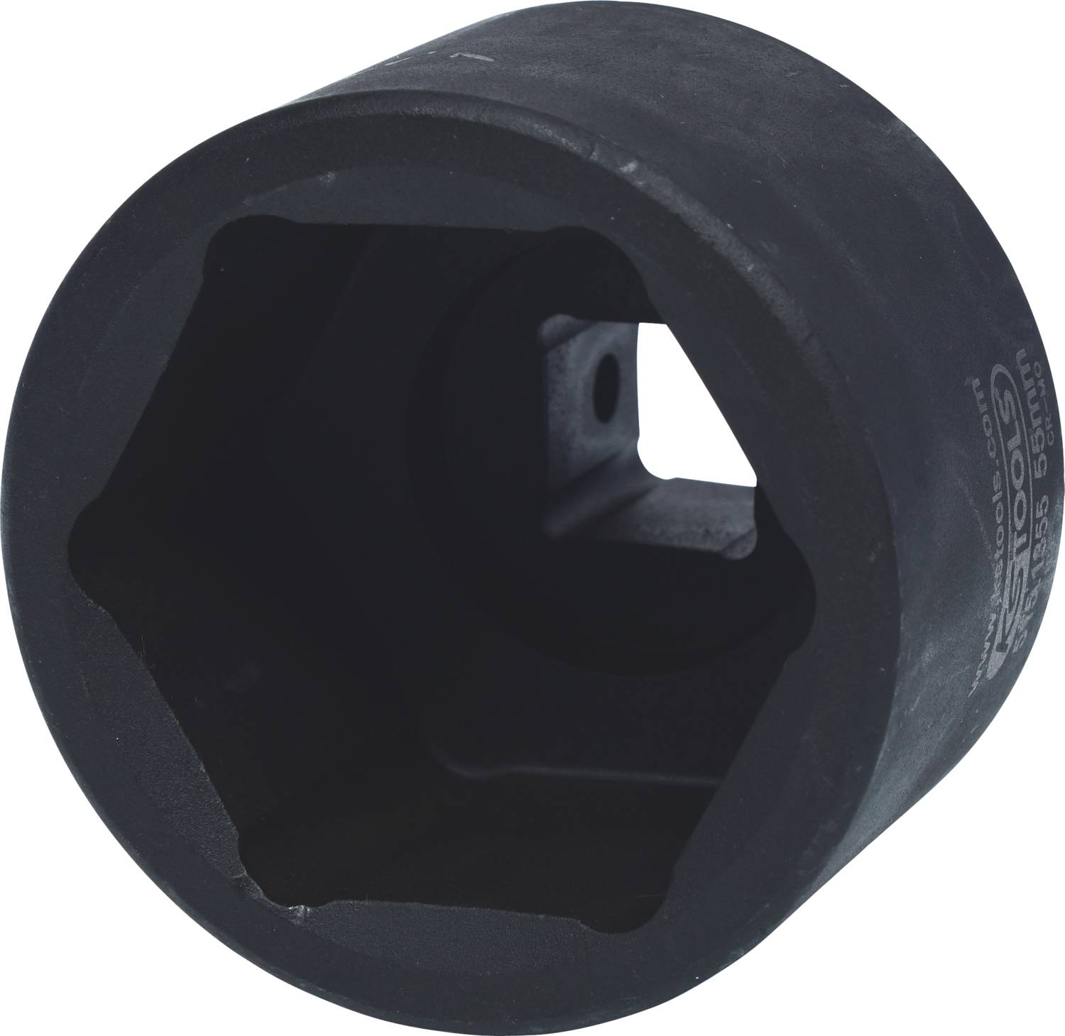 Große schwarze Sechskant-Stecknuss mit quadratischer Öffnung. Verwendet zum Lösen oder Anziehen von Schrauben und Muttern.