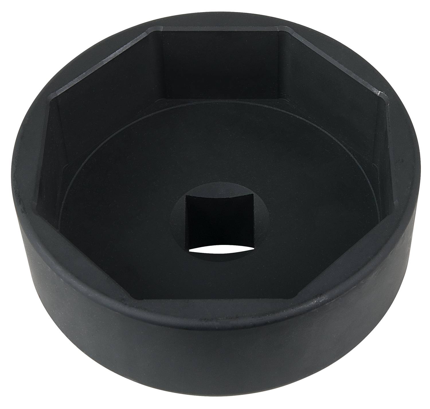 Ein schwarzer, runder Steckschlüsseleinsatz mit sechseckiger Vertiefung, geeignet zum Festziehen oder Lösen von großen Schrauben oder Muttern.