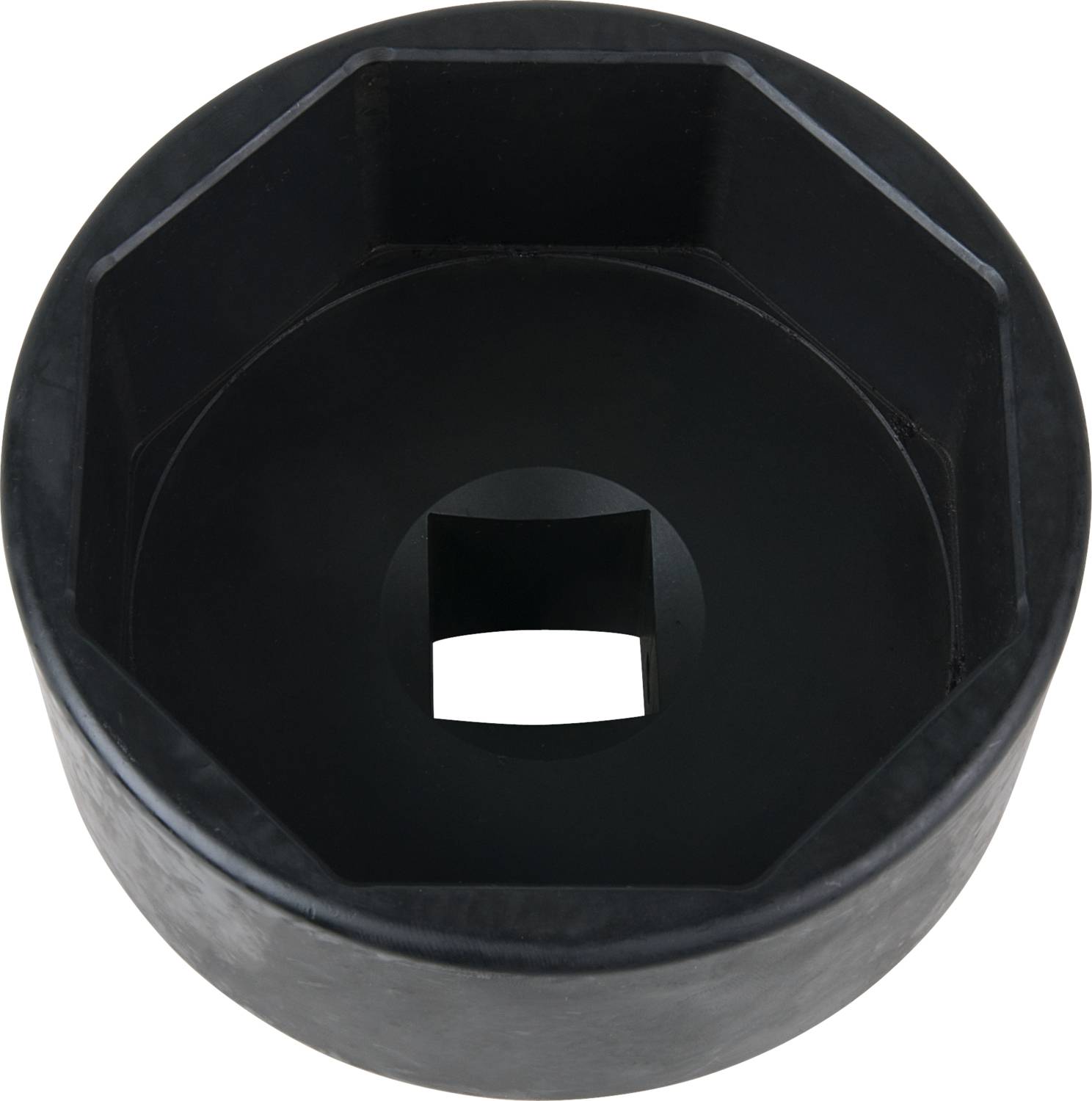 Schwarze sechskantige Kunststoffschlüsselöffnung, von oben gesehen, geometrisches Design, geeignet für technische Anwendungen.