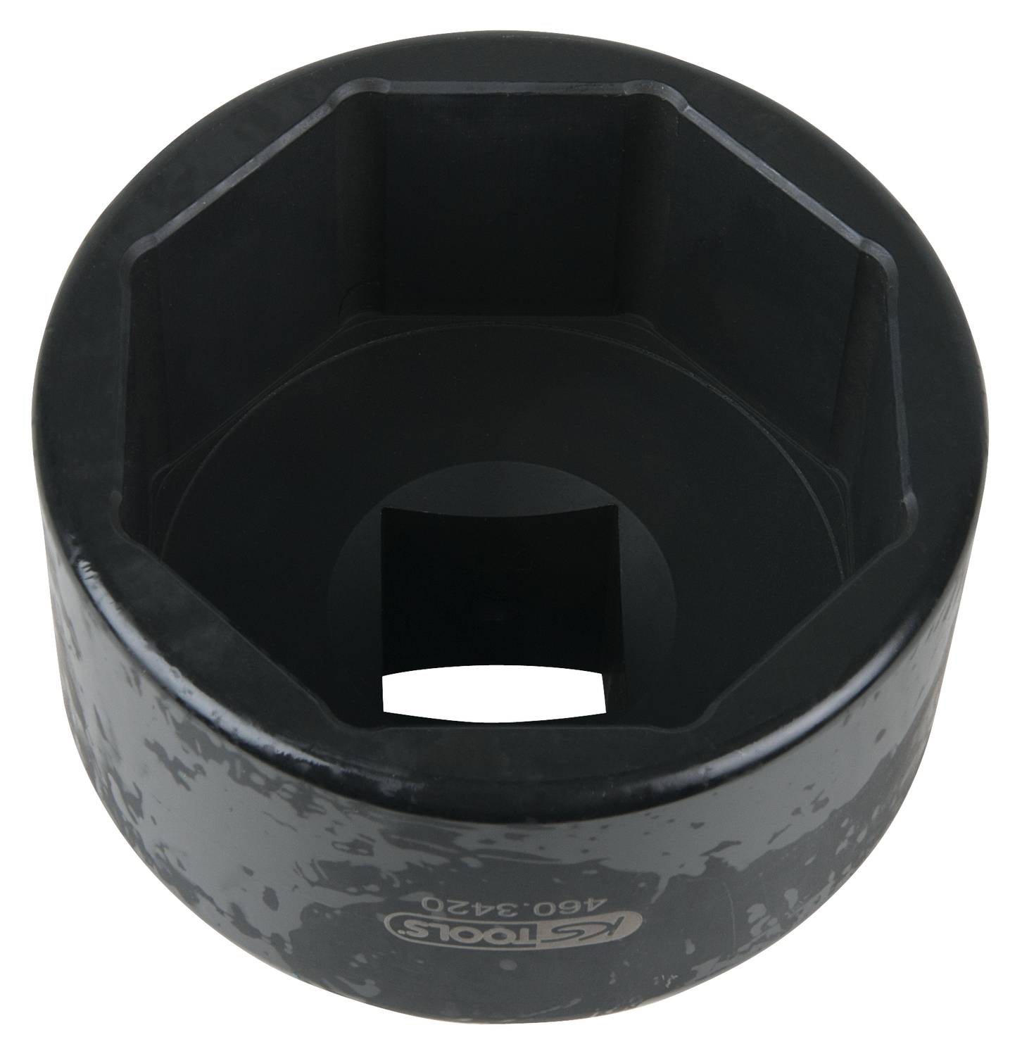 Eine große, schwarze Stecknuss aus Metall mit sechseckigem Profil, verwendet für schwere Befestigungsanwendungen.